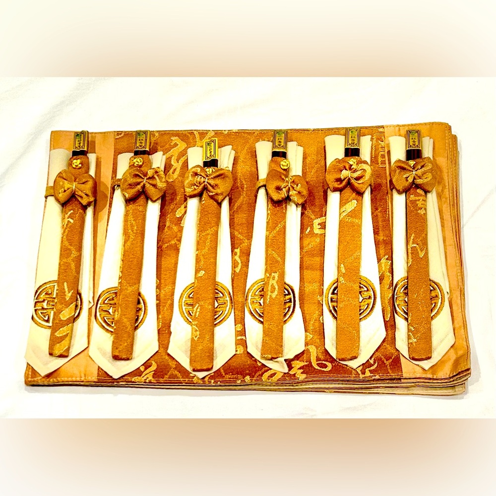 NEW Asian Placemats, Chopsticks & Napkin Set Shiny Gold Setting For 6